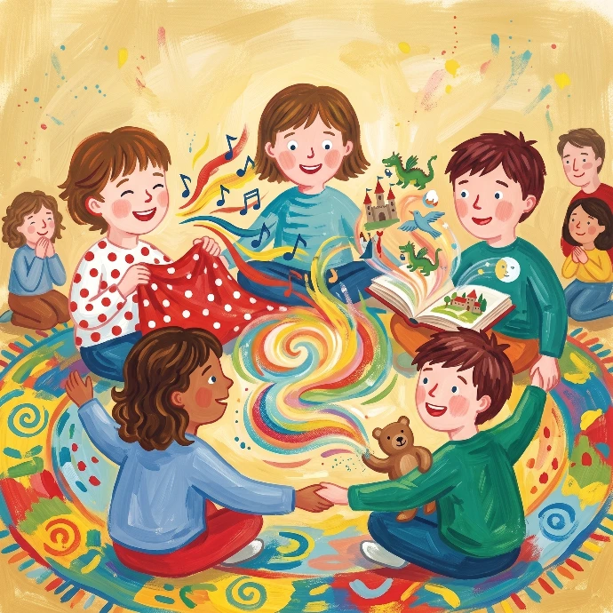 Illustration d'un groupe d'enfant soudés qui partagent une activité