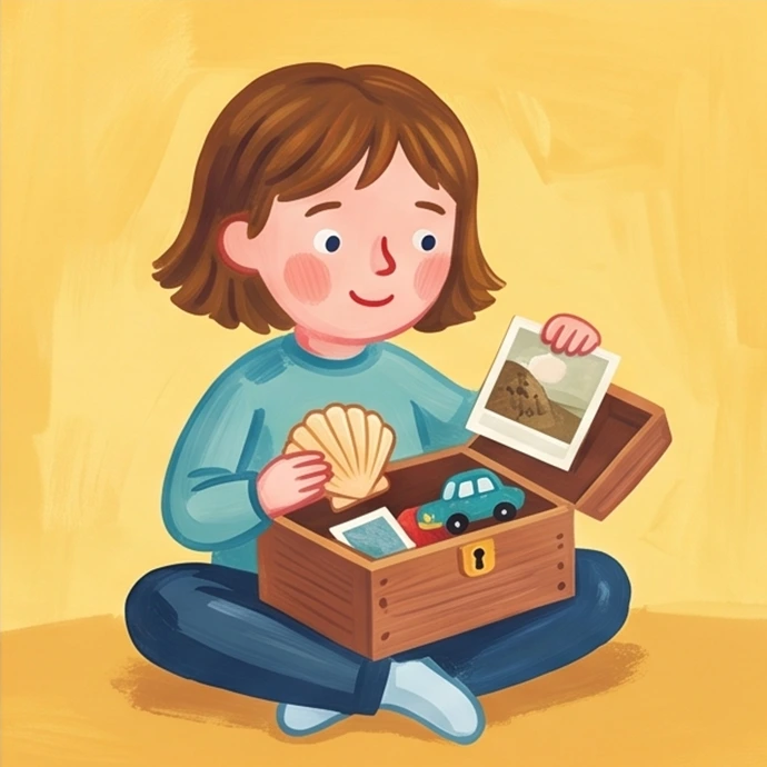 Illustration d'un enfant qui prend les souvenirs d'une boite