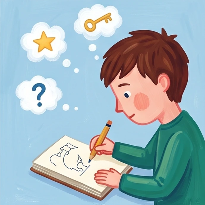 Illustration d'un enfant qui écrit et dessine dans un carnet